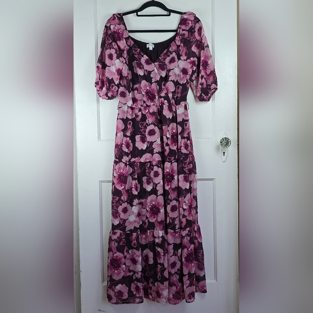 Luxology Pink and Purple Floral Chiffon Tiered Midi Dress Size S
